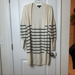 Express Size Small Long Cream and Navy Blue Striped Open Sweater